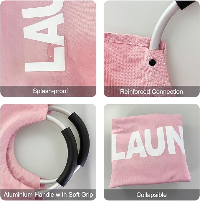 Mziart Large Laundry Basket with Padded Handles, Oxford Fabric Laundry Hamper Tall Laundry Bag Clothes Hamper Laundry Bin Storage Organizer for Bedroom Bathroom College Dorm (90L Pink)