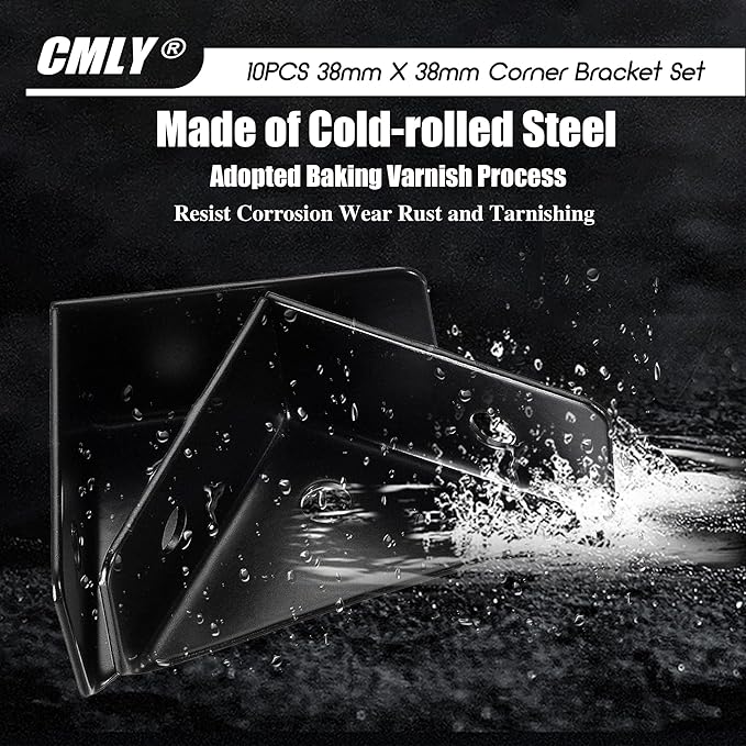 CMLY Corner Brackets, 10Pcs 38mm x 38mm, Black Steel, Triangle Shelf Brackets, Corner Desk Connectors for Wood, Metal, Table, Cabinet