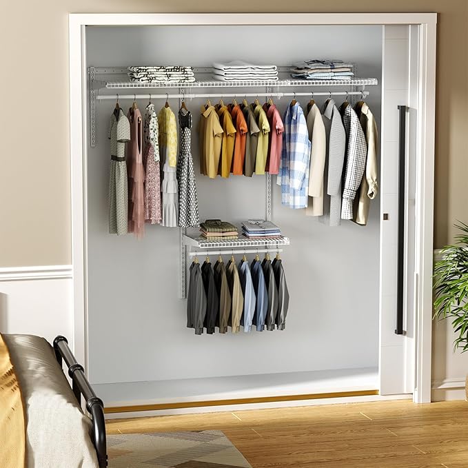 4-8FT Closet Shelving System, Adjustable Metal Wire Shelves, Wall-mounted Closets Kit with Expandable Hanging Rod, DIY Organization Rack for Walk-in/Built-in Wardrobe of Bedroom, Laundry