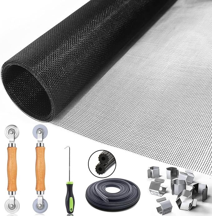 King&Charles Window Screen Door Repair/Replacement Kit, Include Black Screen Mesh 48"x118"+ 2 Roller+50Ft Spline+8Clips+Hook, 6 in 1 Window Mesh Kit, Steel/Nylon Bearing Roller