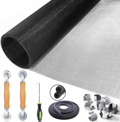 King&Charles Window Screen Door Repair/Replacement Kit, Include Black Screen Mesh 48"x118"+ 2 Roller+50Ft Spline+8Clips+Hook, 6 in 1 Window Mesh Kit, Steel/Nylon Bearing Roller