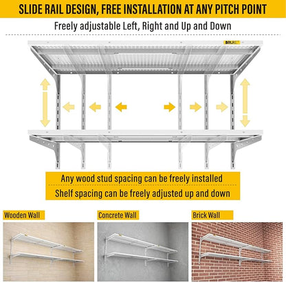 2-Pack 2 Tier 1.3x3ft Garage Shelving Wall Mounted, 15.6x36inch per Shelf Height Cassette Adjustable Floating Shelves (White)