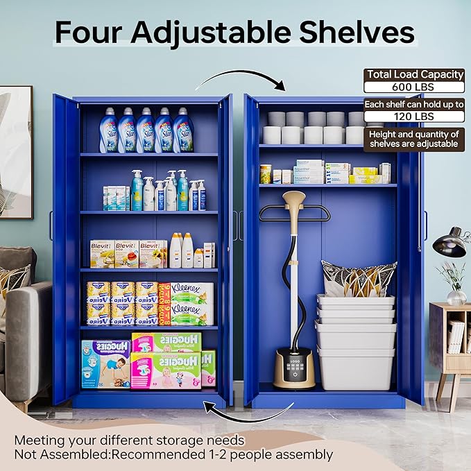 Metal Storage Cabinet with Lock, 71" Black Garage Cabinets with 2 Doors and 4 Adjustable Shelves, Steel Locking Caninet Tall Tool Storage Cabnet, Lockable File Caninets for Home Office, Pantry