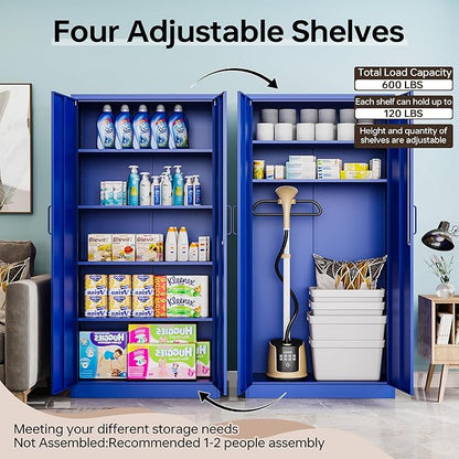 Metal Storage Cabinet with Lock, 71" Black Garage Cabinets with 2 Doors and 4 Adjustable Shelves, Steel Locking Caninet Tall Tool Storage Cabnet, Lockable File Caninets for Home Office, Pantry