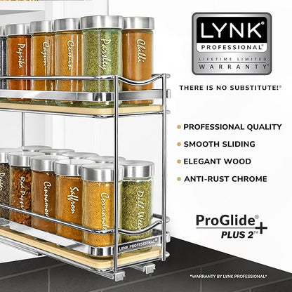 LYNK PROFESSIONAL® Élite™ Pull Out Spice Rack Organizer for Inside Kitchen Cabinets - 4-3/8 inch Wide - Slide Out Drawer – Wood/Chrome Sliding Spice Organization for cabinet - Spice Racks - 2 Tier