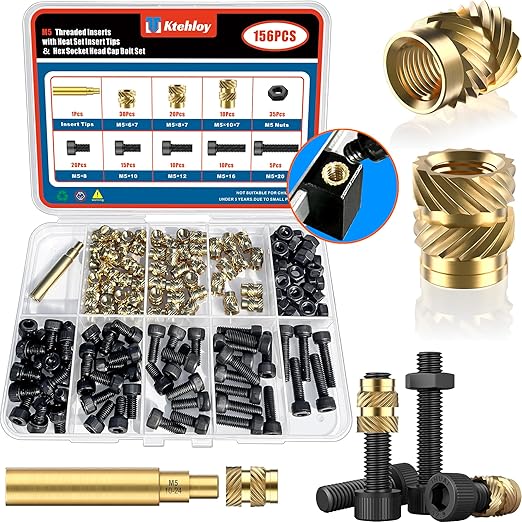 156Pcs M5 Threaded Inserts with Heat Set Insert Tips & Hex Socket Head Cap Bolt Set, Brass Heat Set Insert for Plastic and 3D Printing Components