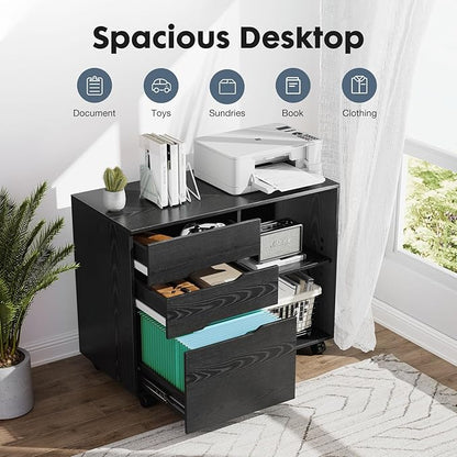 DUMOS Lateral File Cabinet with 3 Drawers Rolling Filing Cabinets Under Desk Storage Printer Stand Wood Organizer with Wheels Adjustable Shelf for Office Home Small Space, Black