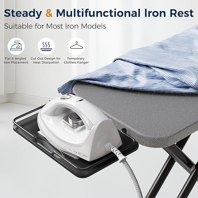 BEWISHOME Foldable Ironing Board, Compact Iron Board with 7 Adjustable Heights and Safety Iron Rest, Ironing Stand with Cover and Pad for Heat Resistance, for Laundry Room 43" X 13" Grey KYB01B