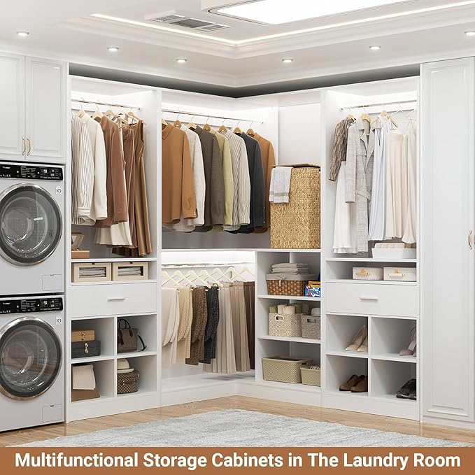 Unikito 86" Corner Closet System, Modular Closets Organizer with 4 Hanging Rods and 2 Drawers, Freestanding Adjustable Wood Clothes Garment Rack with Storage Shelves, White