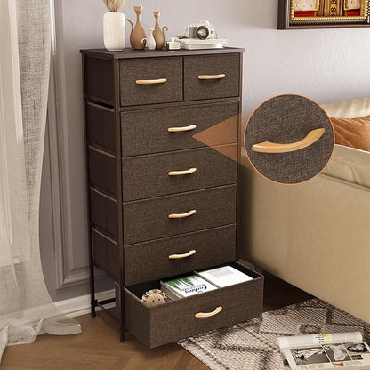 Tall Dressers for Bedroom, 7 Drawers Dresser Fabric Storage Closets Storage Units Organizer Tower Steel Frame Wooden Top for Bedroom, Hallway,Nursery, Entryway(Dark Brown)