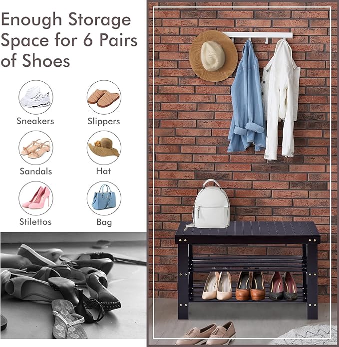 COSTWAY 3-Tier Shoe Rack Bench, Free Standing Wood Entryway Shoe Storage Organizer, Bamboo Storage Shelf for Shoes,Ideal for Home Entryway, Hallway