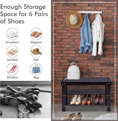 COSTWAY 3-Tier Shoe Rack Bench, Free Standing Wood Entryway Shoe Storage Organizer, Bamboo Storage Shelf for Shoes,Ideal for Home Entryway, Hallway