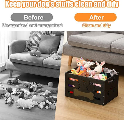 Large Dog Toy Basket Wood Dog Toy Bin Storage Baskets Box with Handles and Label Position Design Large Organizer with Paw Pattern Print for Pets Toys Food Blankets Clothes 18"x12"x10"