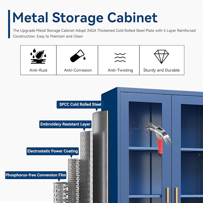 Curio Cabinets with Glass Doors, 71" Glass Display Cabinet with Lock, Tall Bookcase with Adjustable Shelves, Locking China Cabinet for Living Room, School, Commercial, Office, Plant, Blue