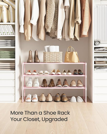 SONGMICS Shoe Rack, 3-Tier Shoe Organizer, Metal Storage Shelf, Upright or Upside Down, for 16-20 Pairs, Stackable, for Entryway, 11.8 x 36.2 x 21.7 Inches, Jelly Pink ULSA303S01