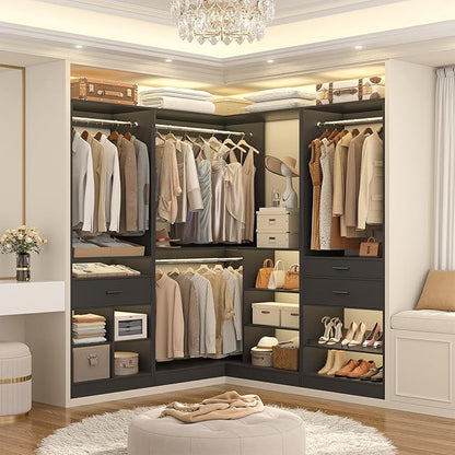 Unikito 86" Corner Closet System, Modular Closets Organizer with 4 Hanging Rods and Storage Shelves, Freestanding Adjustable Wood Clothes Garment Rack with Drawers, Sturdy Walk in Closet Tower, Black