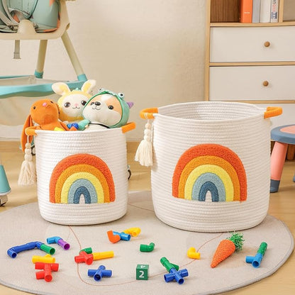 INough Toy Storage Baskets Woven Cotton Rope Storage Basket Kids Blanket Baskets for Living Room, Toys Organizer with Embroidery Colorful Rainbow Decor, Baby Basket for Laundry Nursery (Boho Rainbow)