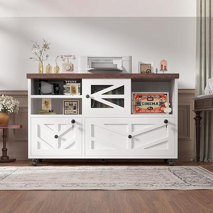 Semoic White Lateral File Cabinet with Lock, 2 Drawer Rolling Filing Cabinet for Home Office, Mobile Storage Cabinet with Open Shelves & Sliding Door, Fits Legal/Letter/A4 Files, Herringbone Design