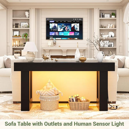 Unikito 63'' Farmhouse Console Table with Power Outlets and Sensor Light, Wooden Entryway Table with Storage, Rectangular Sofa Tables Behind The Couch for Entrance, Hallway, Living Room, Black