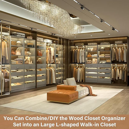 Aheaplus Closet System with 8 Wooden Drawers, Wood Closet Organizer System with Tower, Walk-in Closet Organizer Wardrobe Clothes Rack with 4 Hanging Rods, Garment Rack, Cut to Fit 7-12Ft, Grey