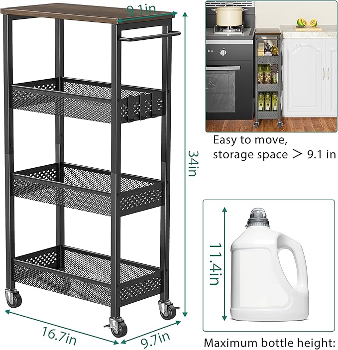 Slim Storage Cart 4 Tier Fruit and Vegetable Baskets for Kitchen Small Space, Narrow Laundry Cart on Wheels with Wooden Top and Metal Handle for Pantry, Bathroom, Laundry Room