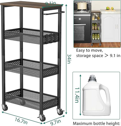 Slim Storage Cart 4 Tier Fruit and Vegetable Baskets for Kitchen Small Space, Narrow Laundry Cart on Wheels with Wooden Top and Metal Handle for Pantry, Bathroom, Laundry Room