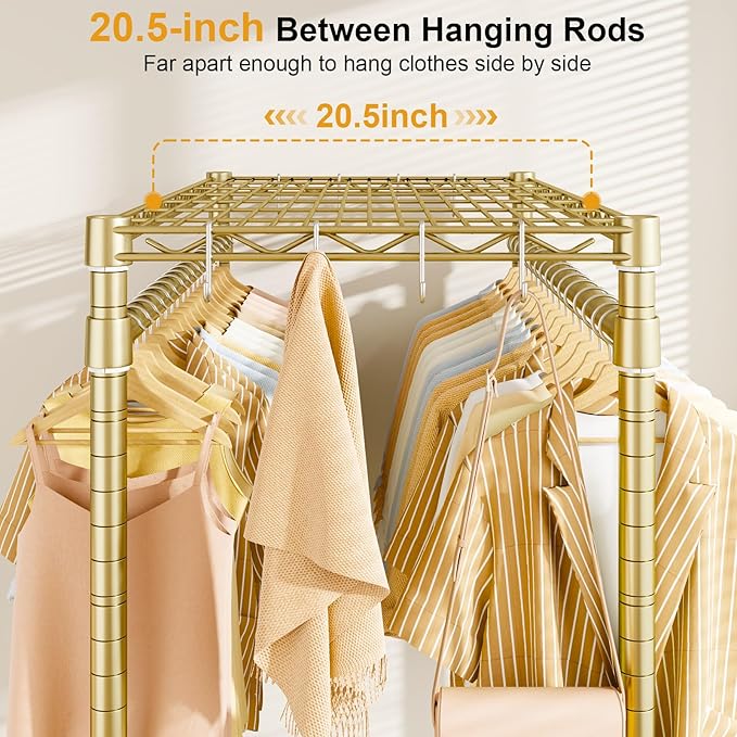 P4 Plus Rolling Clothes Rack Heavy Duty, Clothing Racks for Hanging Clothes, Free Standing Garment Racks with Wheels, Portable Closet Rack 45'' W × 20.5'' D × 80.5'' H, Max Load 570 Lbs, Gold