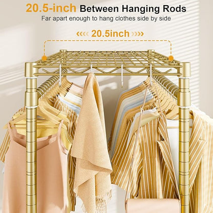P4 Plus Rolling Clothes Rack Heavy Duty, Clothing Racks for Hanging Clothes, Free Standing Garment Racks with Wheels, Portable Closet Rack 45'' W × 20.5'' D × 80.5'' H, Max Load 570 Lbs, Gold