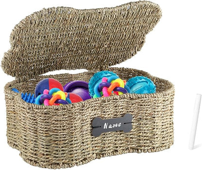 Seagrass Wicker Baskets for Dog Toys,Bone Shaped Dog Toy Bin with Lid,Personalized Dog Toy Organizer Boxes for Living Room,Farmhouse Handmade Pet Dog Storage,Dog Stuff Organizer