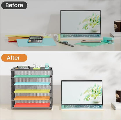 2 Pack 6 Tier Paper Organizer, Metal Mesh Desk File Folder, Letter Tray Organizer, Paper Sorter Desk Organizers for Office, Home or School File Folder Holder - Gray