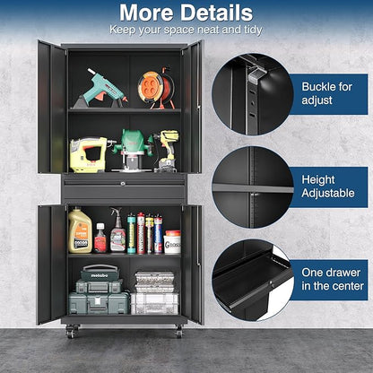 Black Metal Storage Cabinet with Wheels, 73" Tall Garage Rolling Storage Cabinets with Doors and Shelves, Lockable Tool Caninet Steel Locking Cabnets for Home Office, Garage, Pantry