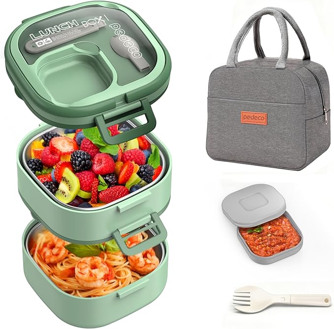 Luch Box Set Stackable Stainless Steel Bento Box with Insulated bag,Leak-Proof,2-Tier Bento box,Lunch Box With Portable Sauce Pod and Cutlery-for Kids/Toddler,Dishwasher Safe,Green