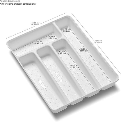 madesmart Silverware Tray, 5 Compartment Flatware Organizer for Forks, Knives & Spoons, Durable Drawer Organizer, White