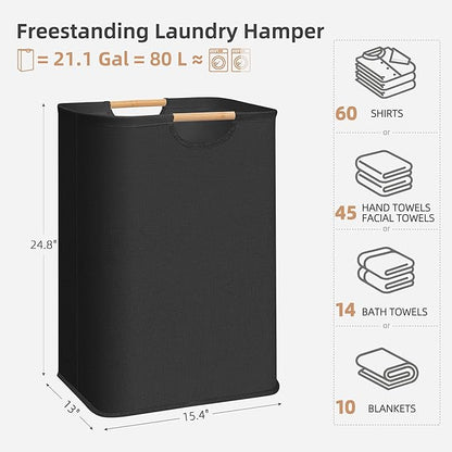 STORAGE MANIAC Large Laundry Hamper, 80L (21.1 Gal) Collapsible Laundry Basket with Bamboo Handles, Freestanding Waterproof Clothes Hamper for Laundry Room, Bedroom, Dorm, Towels, Toys, Black