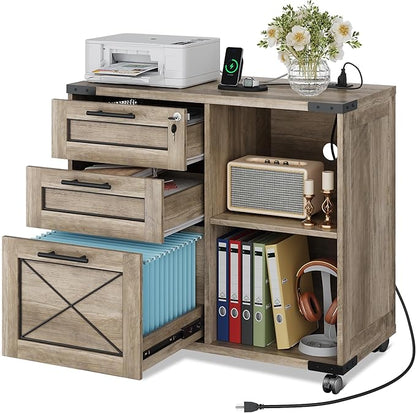 DEVAISE Wood File Cabinet with Charging Station, Mobile Lateral Filing Cabinet with Lock for Home Office, Printer Stand with Open Storage Shelves, Gray Oak