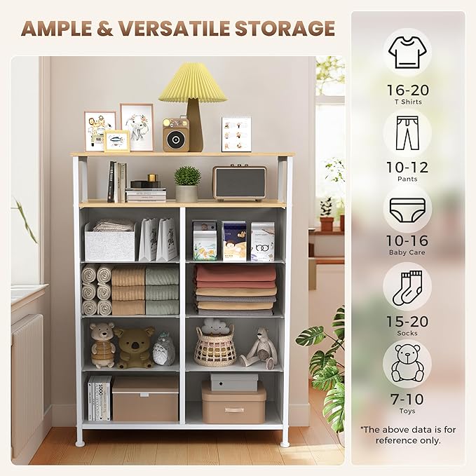 DUMOS Fabric Dresser for Bedroom with 8 Drawers, Tall 8-Drawer Chest of Drawers with Raised Shelf, Storage Tower with Fabric Bins for Closet Organization, Hallway Storage, Light Grey