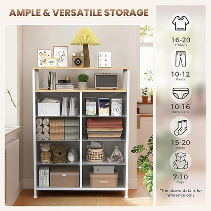 DUMOS Fabric Dresser for Bedroom with 8 Drawers, Tall 8-Drawer Chest of Drawers with Raised Shelf, Storage Tower with Fabric Bins for Closet Organization, Hallway Storage, Light Grey