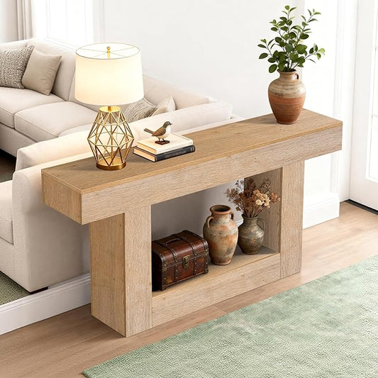 63 Inch Long Entryway Table U-Shaped Extension, Wooden Console Table with Socket Farmhouse Sofa Table for Entrance, Hallway, Living Room,Behind Couch((Oak Brown)