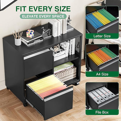 Mobile Lateral File Cabinet with Side Hook, 2 Drawer File Cabinet with Lock fits A4/Letters/Legal Size for Home Office,Metal Rolling Printer Stand with Open Storage Adjustable Shelves(Black)