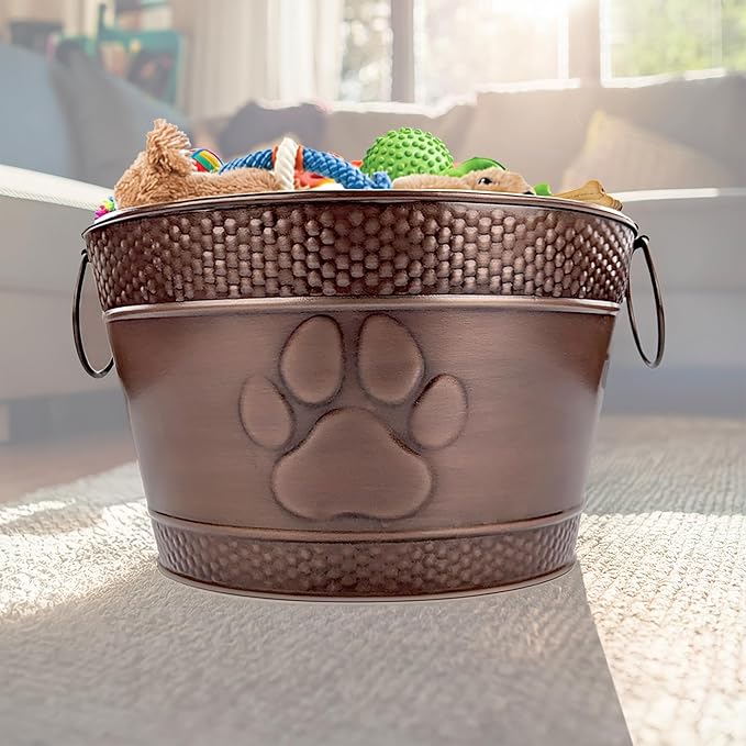 BREKX Metal Indestructible Dog Toy Bin - Storage Bin with Handles, Farmhouse Organizer Storage Basket for Pet Toys, Blankets, Leashes - Home Decor (Lead-Free Copper)