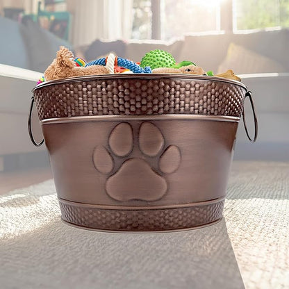 BREKX Metal Indestructible Dog Toy Bin - Storage Bin with Handles, Farmhouse Organizer Storage Basket for Pet Toys, Blankets, Leashes - Home Decor (Lead-Free Copper)
