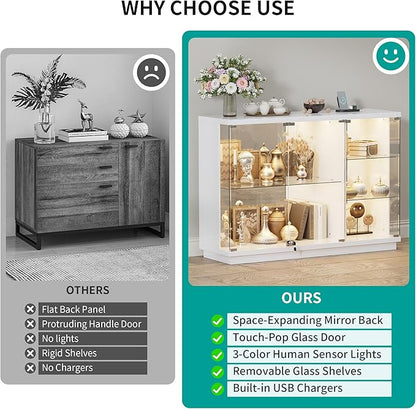 HNEBC 47.2" W Display Cabinet - with Lockable Glass Door,5-Tier Glass Display Case with 12 Lights Modes for Collectibles,Lighted Cuiro Cabinet with Human Sensor,China Cabinet,Living Room,White