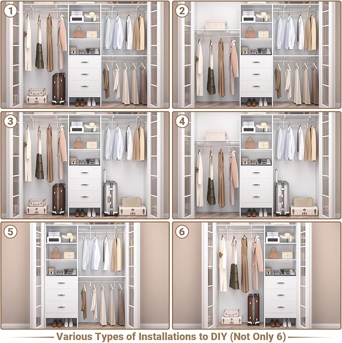 Closet System with 3 Drawers - 8FT Wood Closet Organizer with 3 Shelving Tower & Hanging Rods, 96" Walk-in Wardrobe Closet Organizer System for 4-8FT Spaces, Heavy Duty Garment Clothes Rack, White