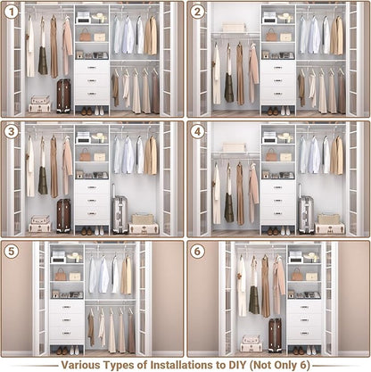 Closet System with Drawer - 8FT Wood Closet Organizer System with 3 Hanging Rods and Shelving Tower, 96" Walk In Closet Organizer Wardrobe, White
