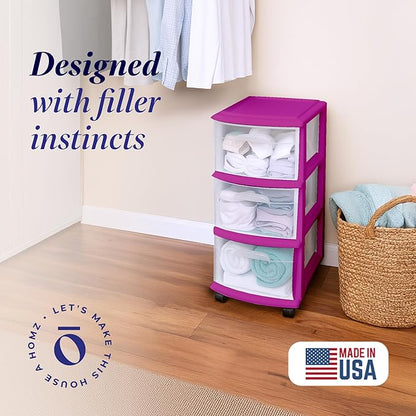 HOMZ Drawer Tower, 3-Tier Clear Plastic Storage Organizer Cart, Purple Frame - Rolling Drawer Containers with Wheels for Bathroom, Bedroom, Office, and Classroom Organization