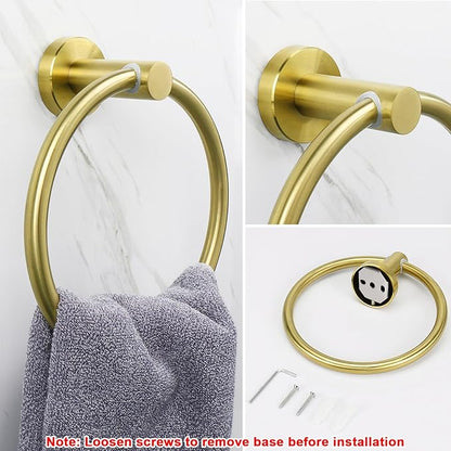NearMoon Bath Towel Ring, Bathroom Hardware Accessories-Thicken Stainless Steel Hand Towel Holder for Bathroom, Modern Round Towel Hanger Wall Mounted (Brushed Gold, 2 Pack)