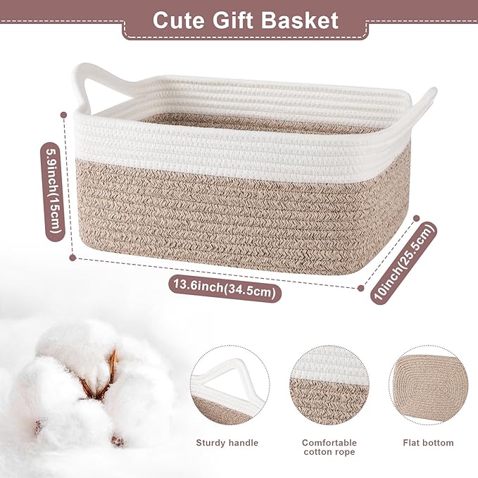 Basket for Gifts Empty, Woven Storage Basket with Gift Bag, Ribbon and Wrap Tissue Paper, Small Rope Toy Storage with Handles for Baby Shower, Dog Toy Organizer, 13.6" x 10" x 5.9”