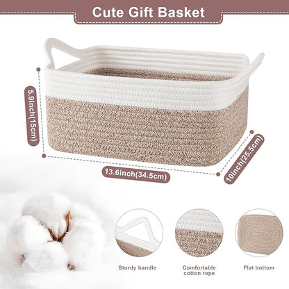 Basket for Gifts Empty, Woven Storage Basket with Gift Bag, Ribbon and Wrap Tissue Paper, Small Rope Toy Storage with Handles for Baby Shower, Dog Toy Organizer, 13.6" x 10" x 5.9”