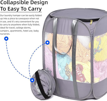 1.5 Loads, Pop-up Laundry Hamper with Extended, Thickened and Reinforced Handles, Tear Proof, Laundry Basket with Zipper Lid, With YKK Zipper, Honey Comb Mesh, Breathable, 14.9"*14.9"*21.6" (white)