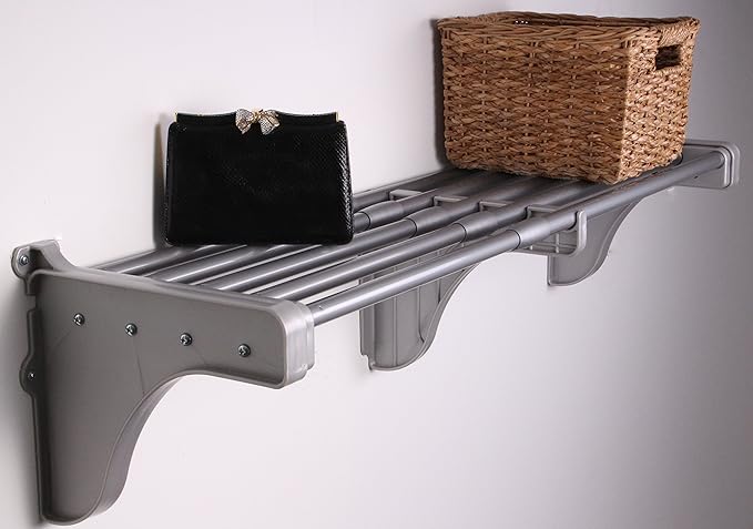 EZ Shelf-Expandable-Closet Shelf (NO Hanging Rod)- 42.5” to 75” -Silver-Easy Install to Backwall(Floating)-Wire Closet Shelving Alternative-(EZS-S72S-1-2)